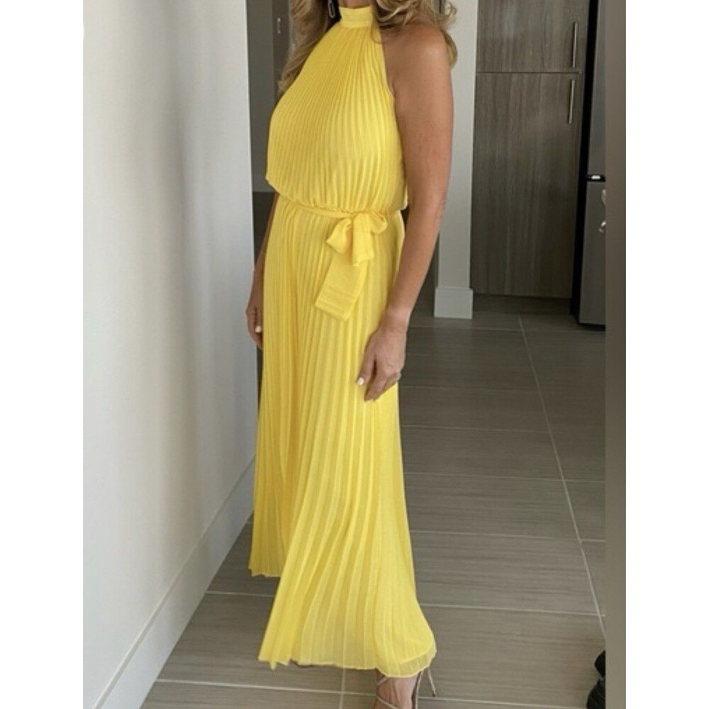 NWT Boston Proper Yellow Chiffon Pleated High Neck Belted Wide-Leg Jumpsuit sz 8